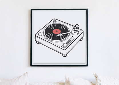 Cadre tendance avec motif tourne-disque rétro en pleine action ambiance musicale