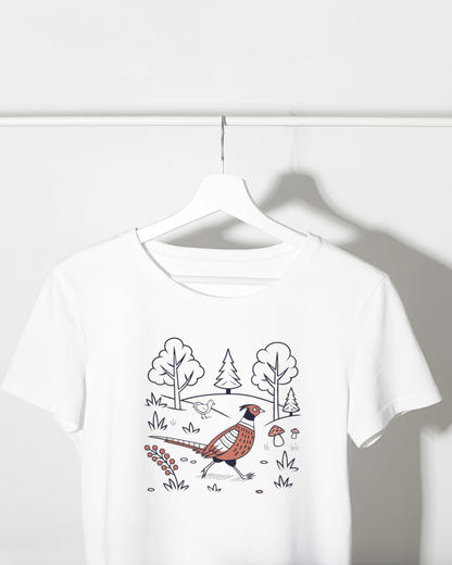 T-shirt nature avec faisan pastel en forêt, idéal pour balades en plein air