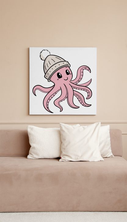 Cadre décoratif présentant une pieuvre kawaii en bonnet joyeux ambiance océan hivernal