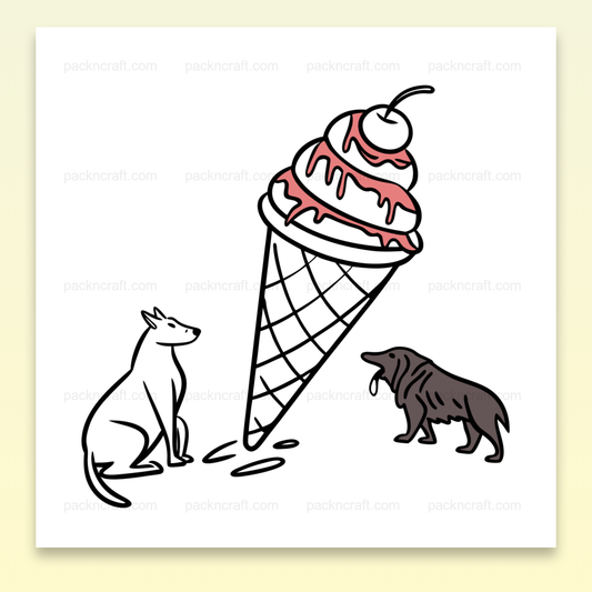 Illustration de chiens gourmands admirant une glace géante, idéale pour stickers et déco.