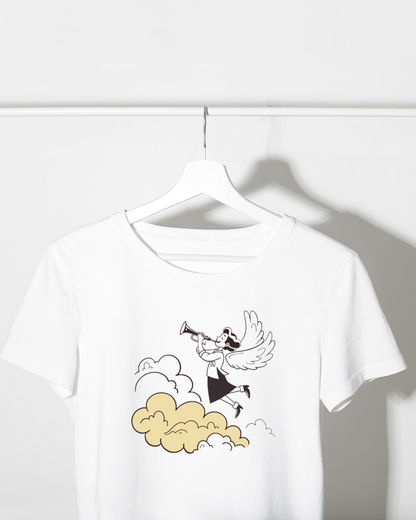 T-shirt avec ange minimaliste jouant de la trompette sur fond de nuages musicaux