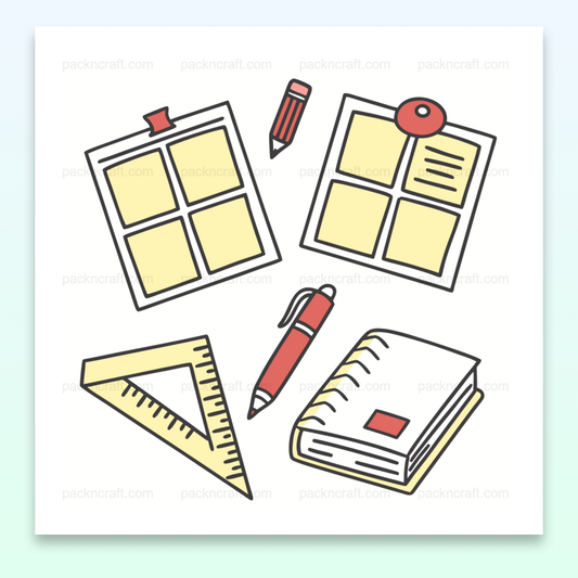 Illustration de kit papeterie scolaire en style doodle pour projets créatifs.
