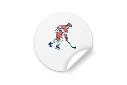 Sticker dynamique montrant un joueur de hockey dans un style glacial et sportif