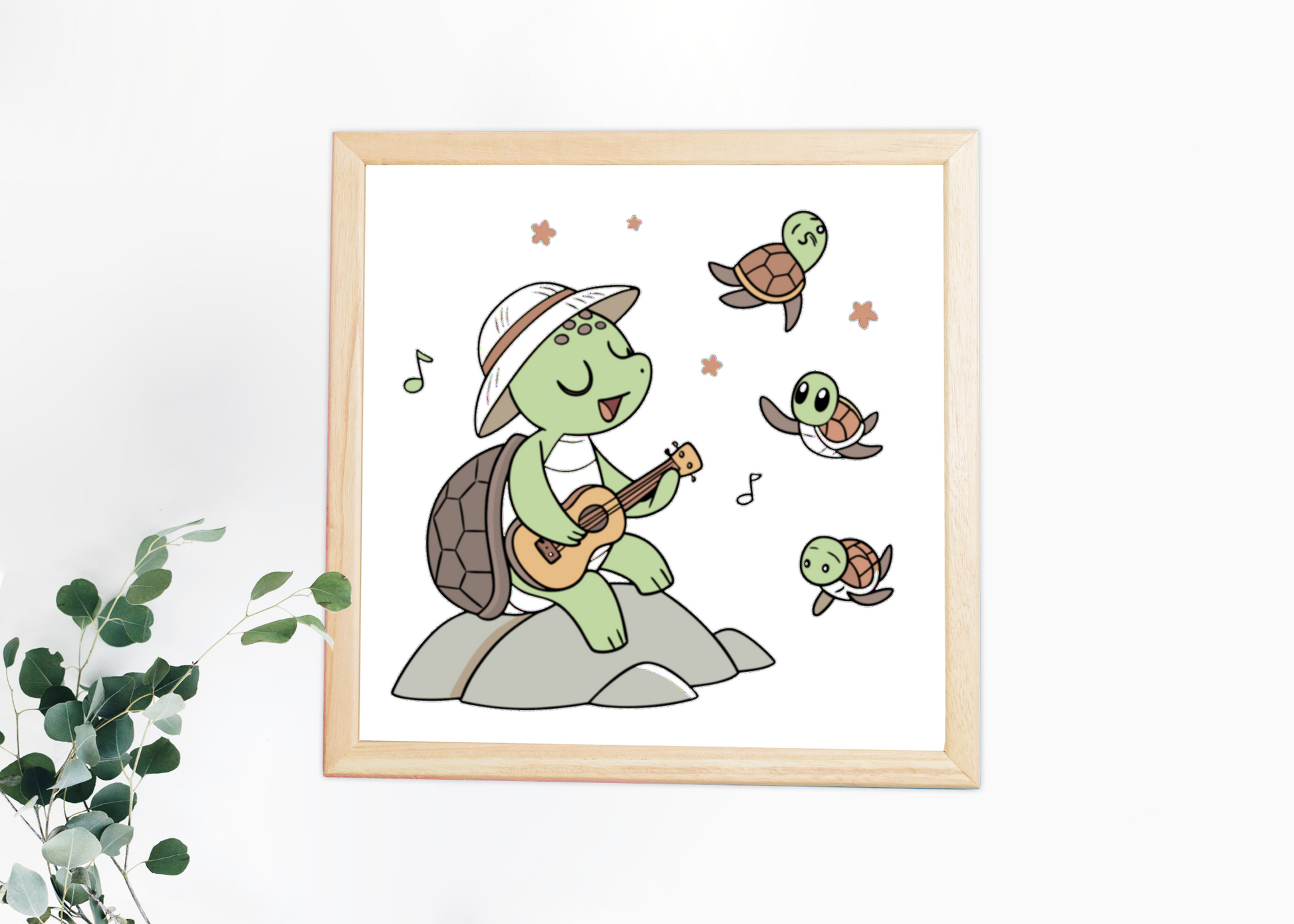 Cadre avec une tortue joyeuse jouant de la musique au bord de l'eau