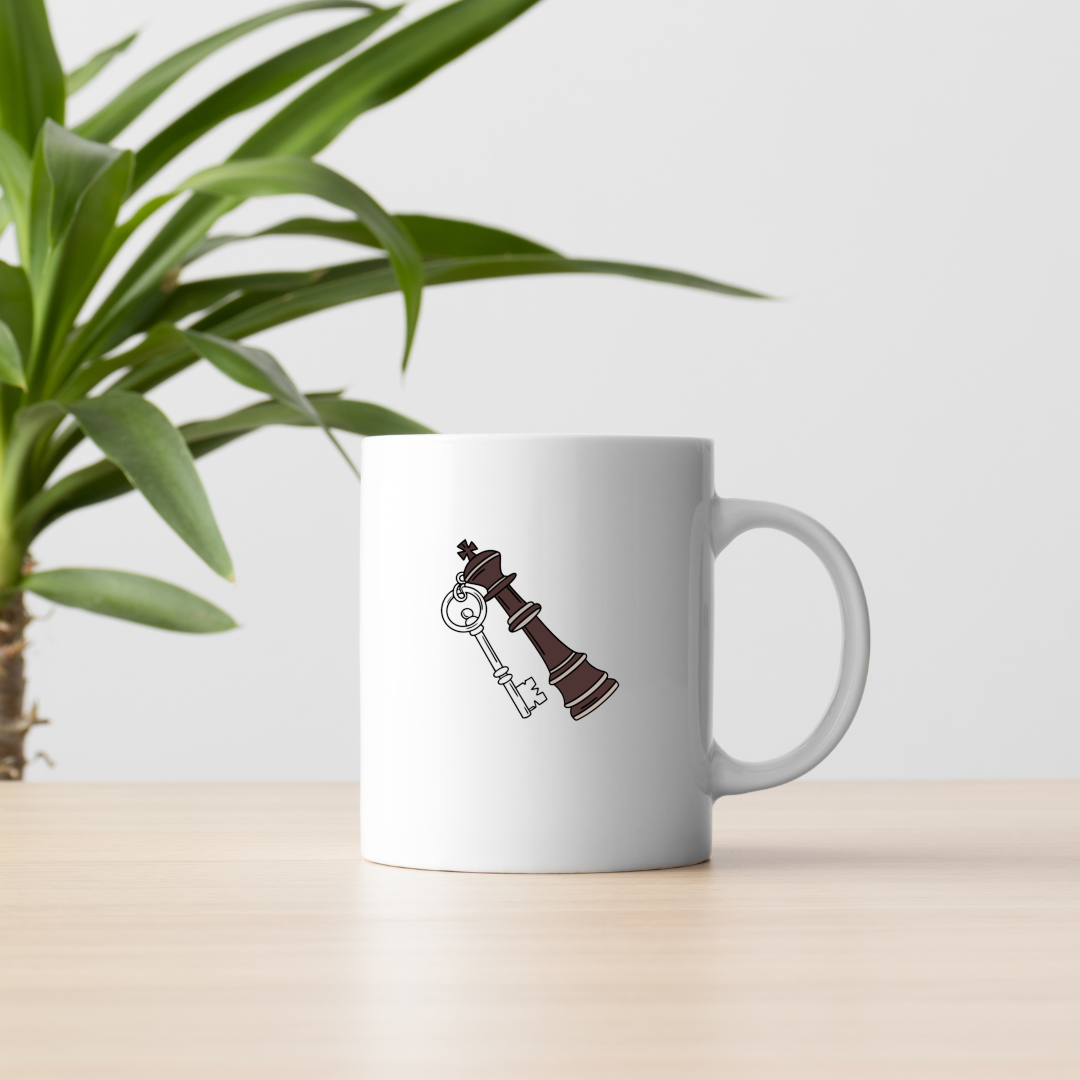 Un mug orné d'une icône stratégique de roi d'échecs en style flat