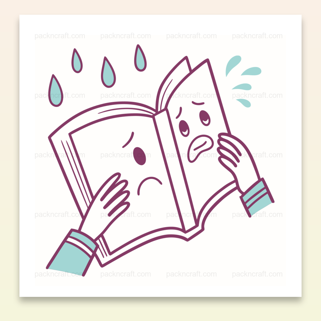 Illustration SVG d'un livre inquiet sous la pluie pour projets éducatifs et créatifs.