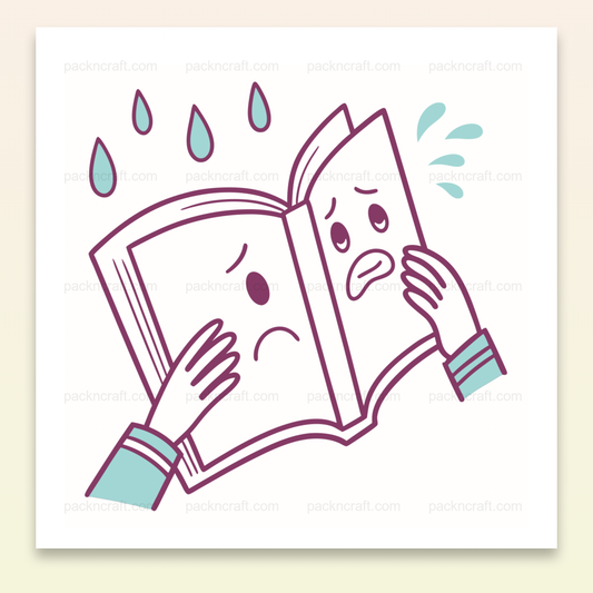 Illustration SVG d'un livre inquiet sous la pluie pour projets éducatifs et créatifs.
