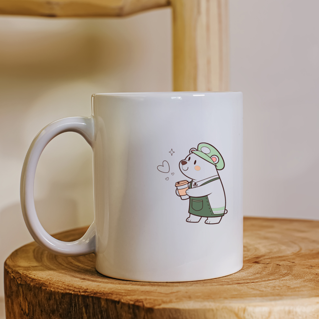 Mug avec ours adorable dans un thème café en arrière-plan chaleureux et convivial