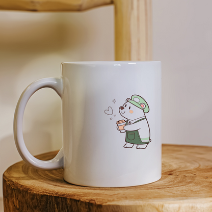 Mug avec ours adorable dans un thème café en arrière-plan chaleureux et convivial