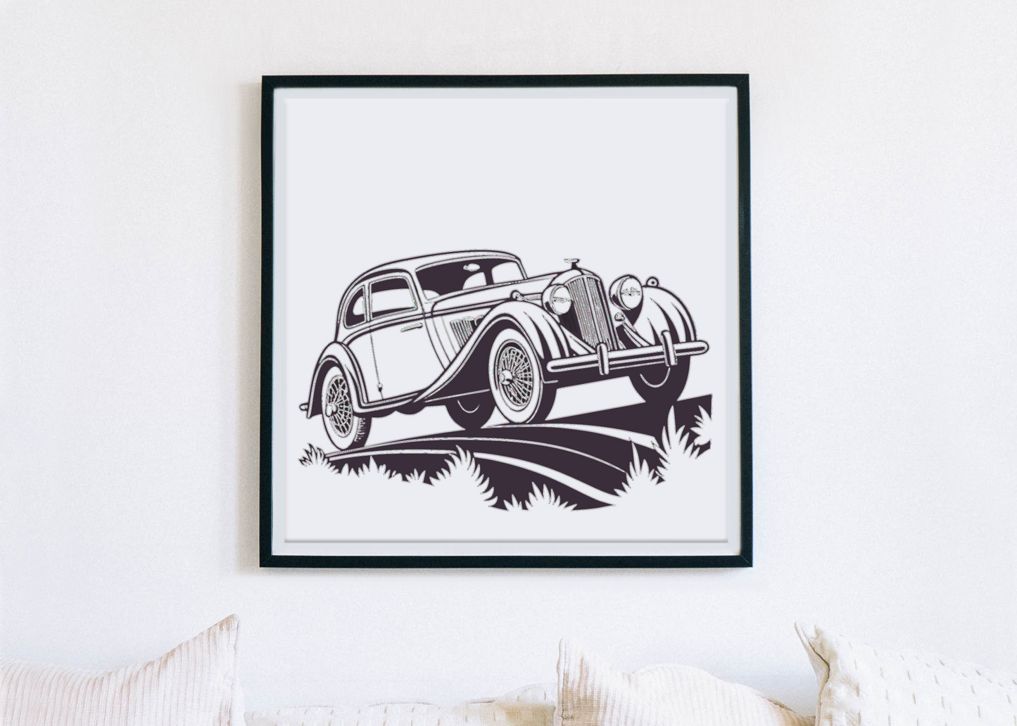 Affiche de voiture rétro dans un cadre, ajoutant du style classique à votre intérieur.