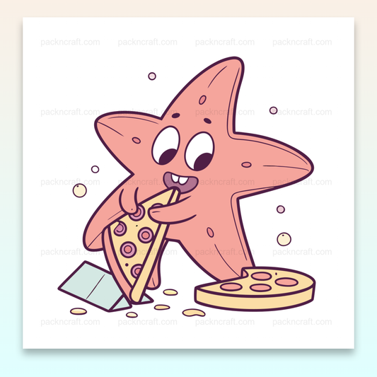 Illustration kawaii d'étoile de mer mangeant une pizza, parfaite pour papeterie et projets créatifs.