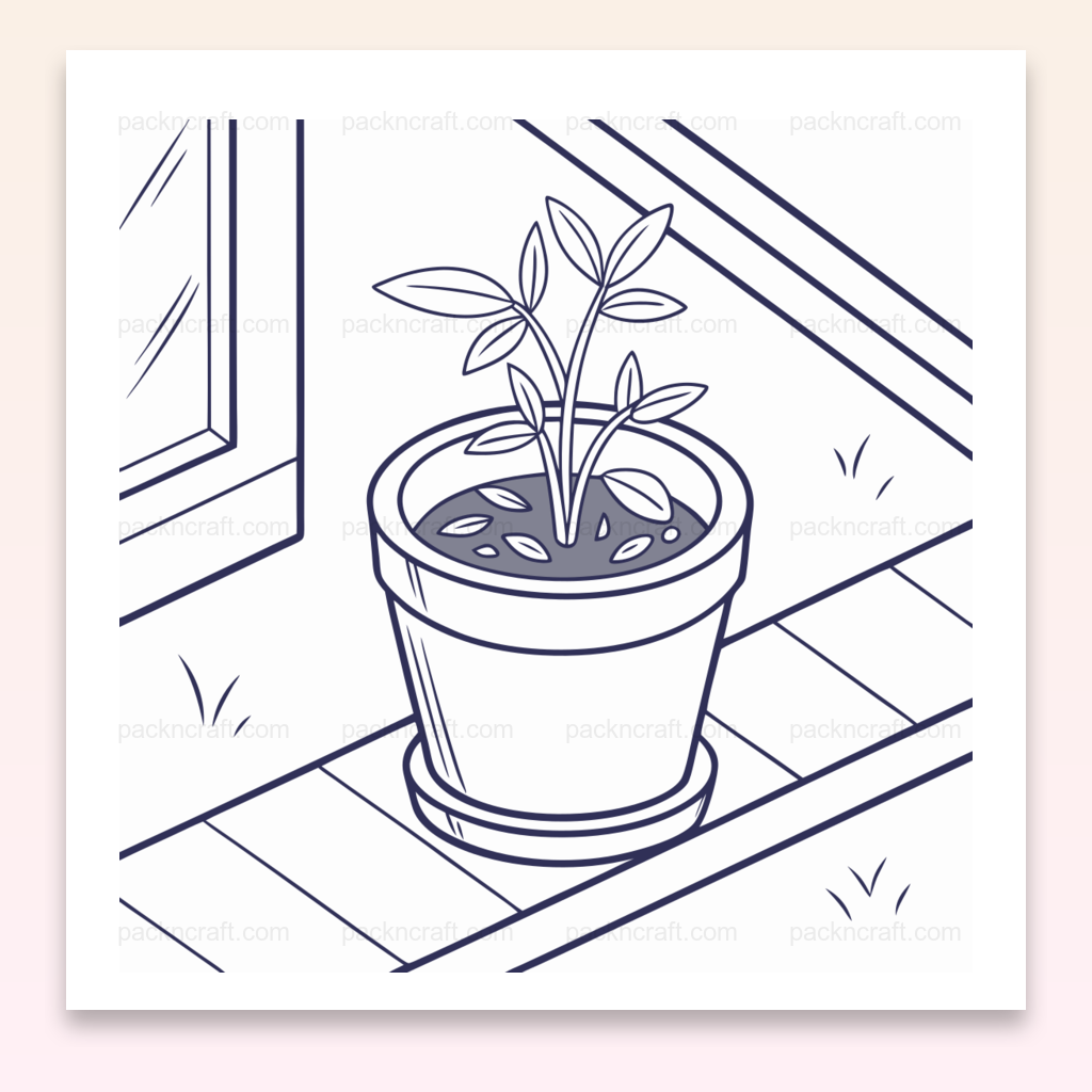 Illustration vectorielle d'une jeune plante en pot sur une terrasse, idéale pour décorations DIY.