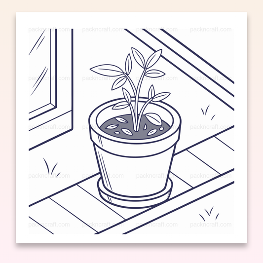 Illustration vectorielle d'une jeune plante en pot sur une terrasse, idéale pour décorations DIY.