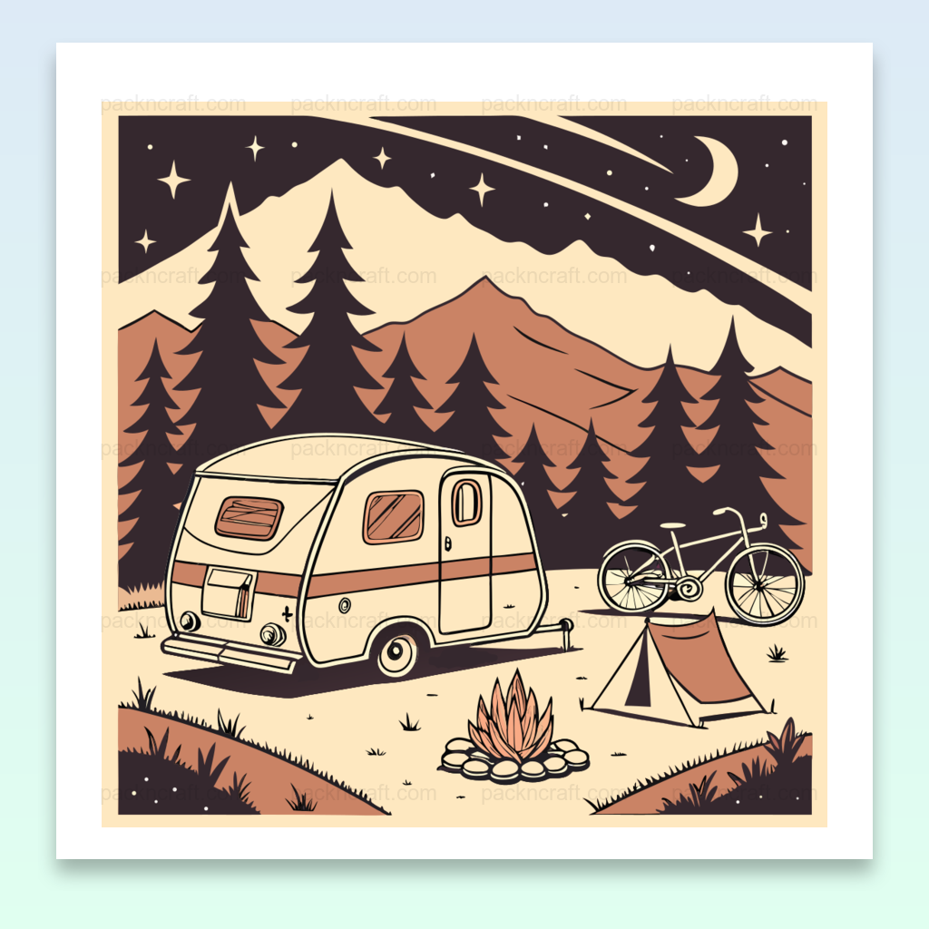 Poster numérique caravane nocturne en camping, design vintage et captivant.