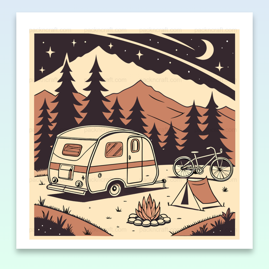 Poster numérique caravane nocturne en camping, design vintage et captivant.