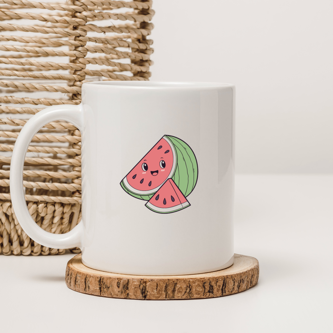 Mug joyeux avec une pastèque au style kawaii pour un thème estival ludique