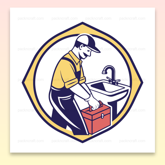 Illustration SVG vintage d'un plombier avec boîte à outils devant un évier, Graphisme rétro de plombier, idéal pour décor mural ou papeterie, Design vectoriel de plombier et outils pour impression sur mugs, Graphique vintage de plombier pour personnalisation de t-shirts, Illustration de plombier format autocollant pour DIY et projets créatifs