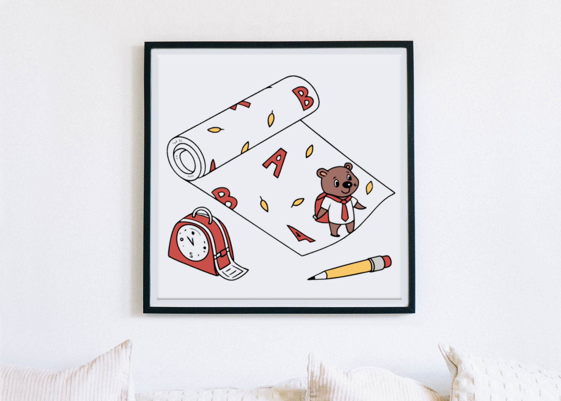 Cadre éducatif en style minimaliste avec ours studieux sur fond de rouleau éducatif