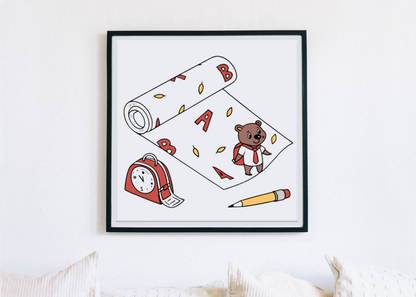 Cadre éducatif en style minimaliste avec ours studieux sur fond de rouleau éducatif