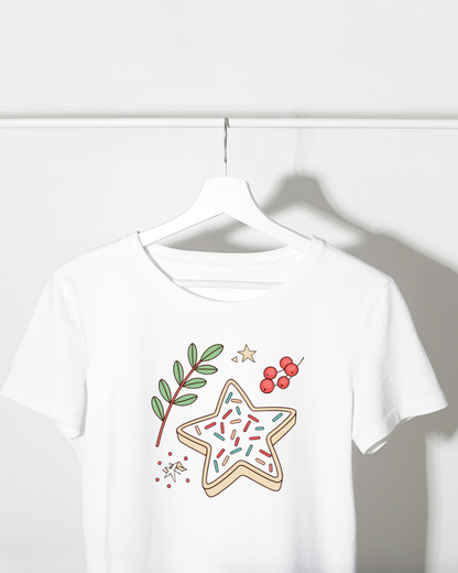 T-shirt festif avec doodle étoile biscuit en motif de Noël doux et stylisé