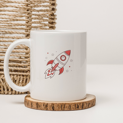 Mug avec motif fusée rétro stylisé en plein envol pour les amateurs d'aventure cosmique