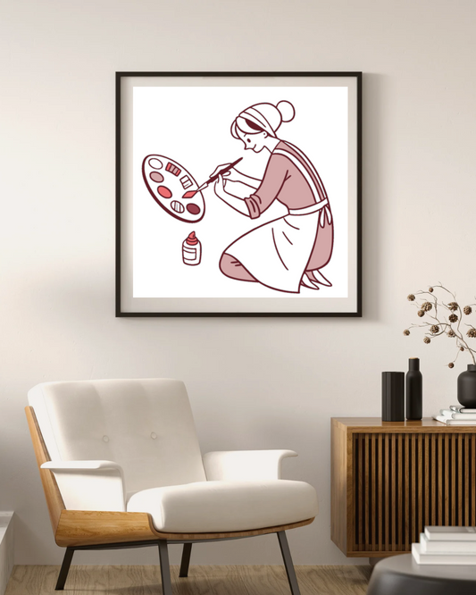 Artiste peintre concentrée, illustration parfaite pour affiches., Design SVG élégant pour mugs et autres objets., Motif de peintre pour personnaliser des textiles., Illustration vintage pour décorations et plus., Vecteur idéal pour stickers d'artiste.