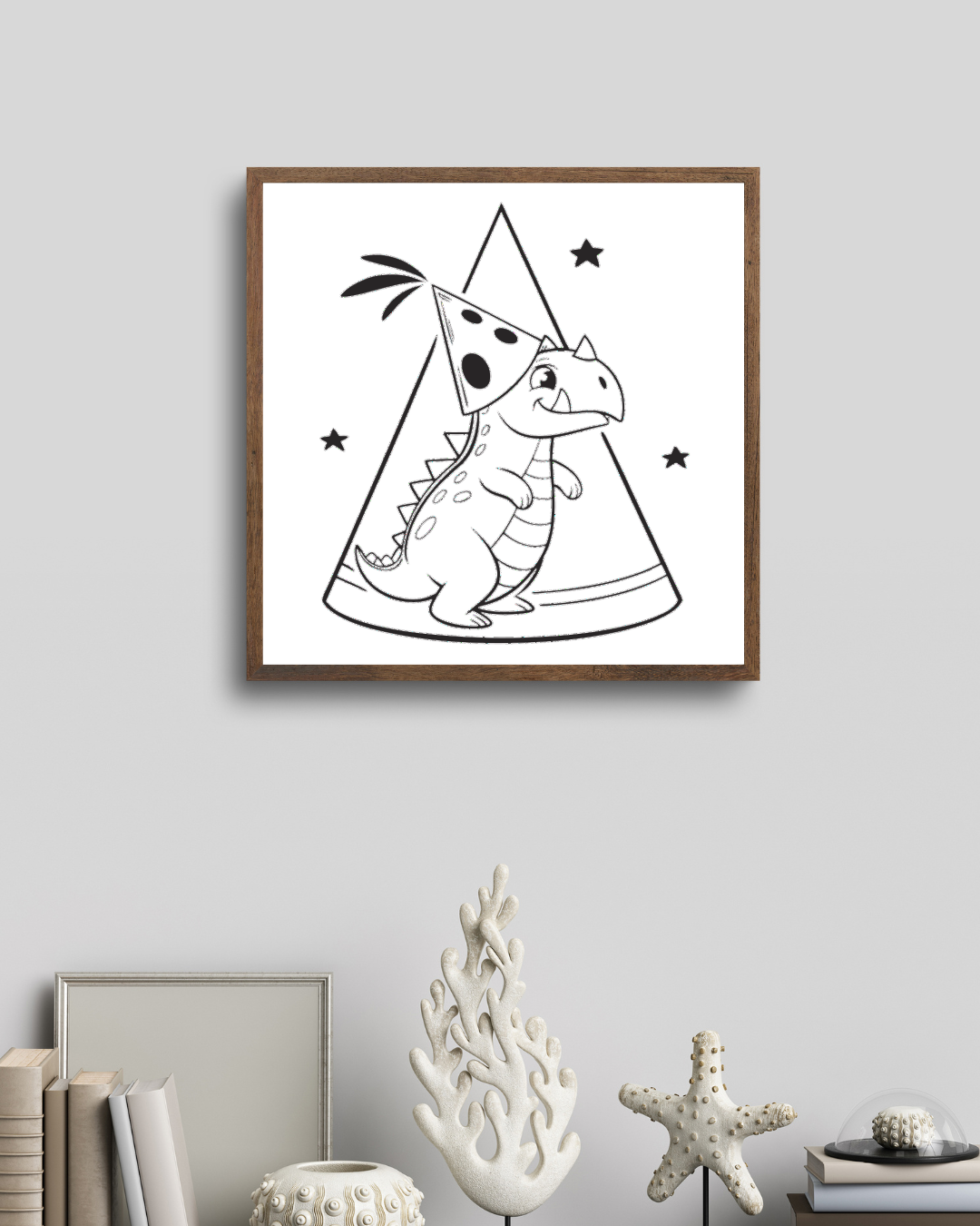 Cadre avec dinosaure kawaii en chapeau festif