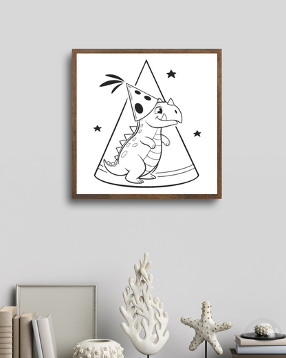 Cadre avec dinosaure kawaii en chapeau festif