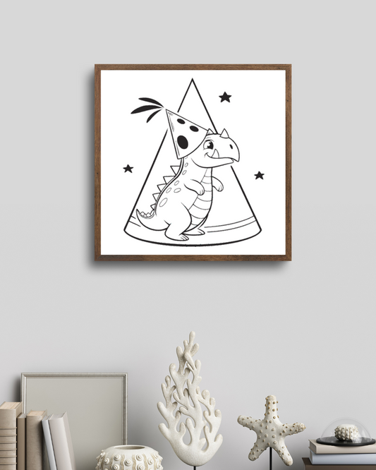 Cadre avec dinosaure kawaii en chapeau festif