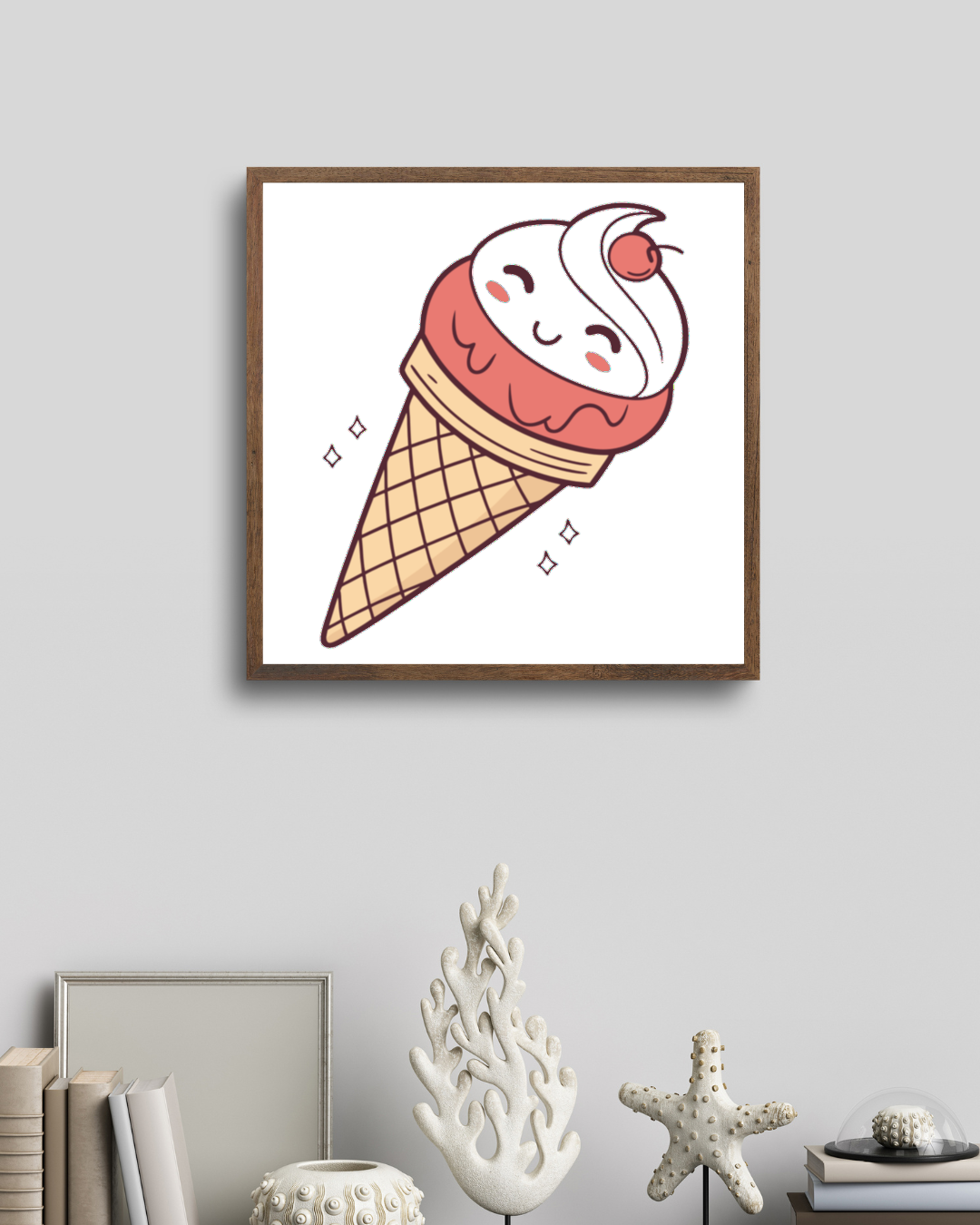 Cadre moderne décoré d'une icône de glace souriante au style doodle charmant