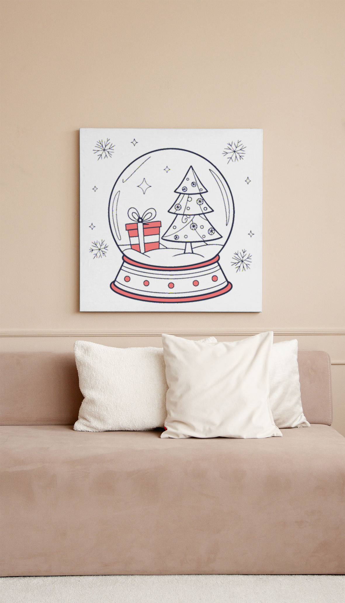 Cadre présentant une scène hivernale festive, boule à neige numérique sur fond blanc