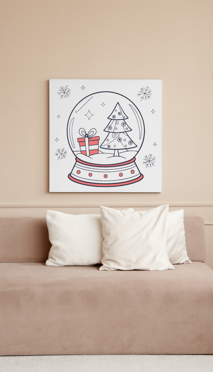 Cadre présentant une scène hivernale festive, boule à neige numérique sur fond blanc