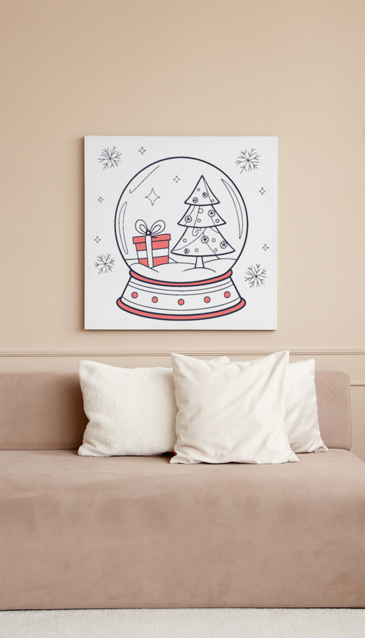 Cadre présentant une scène hivernale festive, boule à neige numérique sur fond blanc