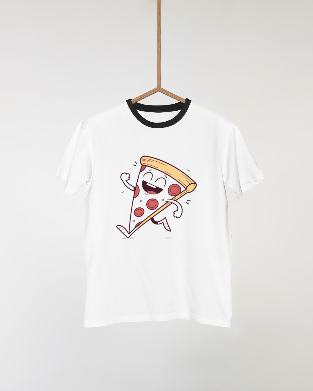 T-shirt décoré d'une pizza joyeuse en course avec style rétro amusant