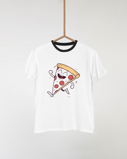 T-shirt décoré d'une pizza joyeuse en course avec style rétro amusant