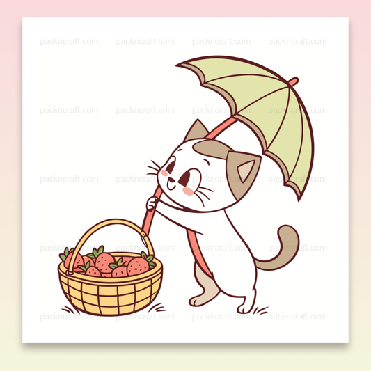 Chat kawaii sous un parapluie avec des fraises, fichier numérique SVG pour DIY.