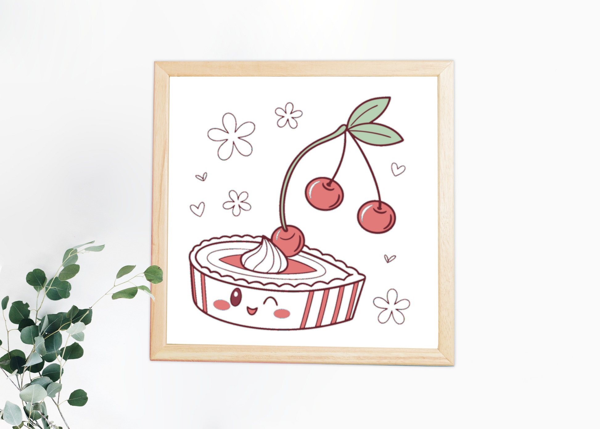 Cadre avec motif kawaii cerise et tarte joyeuse, idéal pour la papeterie gourmande