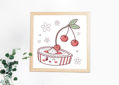 Cadre avec motif kawaii cerise et tarte joyeuse, idéal pour la papeterie gourmande