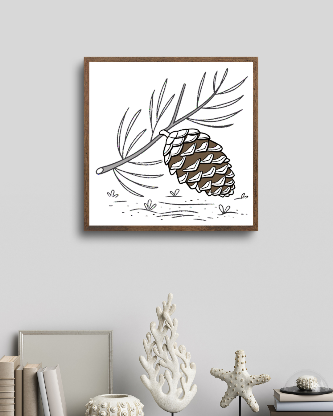 Cadre avec pomme de pin minimaliste en équilibre pour une touche naturelle