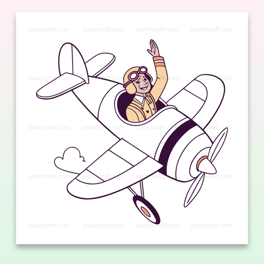 Illustration d'un pilote saluant depuis un cockpit vintage adapté pour impression et stickers., Illustration vintage du pilote dans le cockpit pour cadre déco original., Pilote saluant dans avion sur mug pour cadeau unique d'amateur d'aviation., T-shirt décoré d'un pilote vintage saluant depuis un cockpit., Sticker de pilote souriant depuis un avion, parfait pour personnalisation.