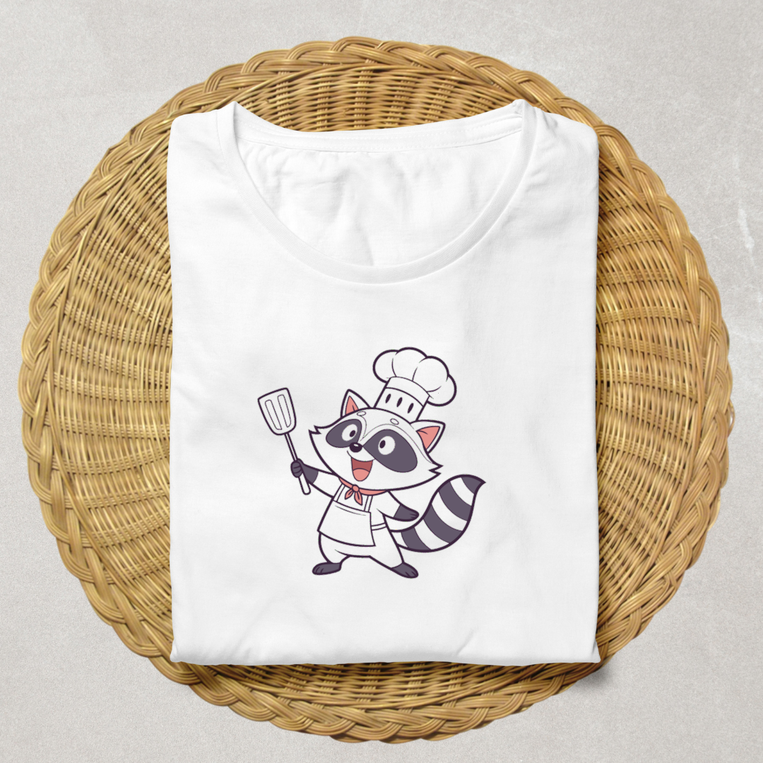 Un t-shirt amusant décoré d'un joyeux raton-laveur cuisinier en style kawaii