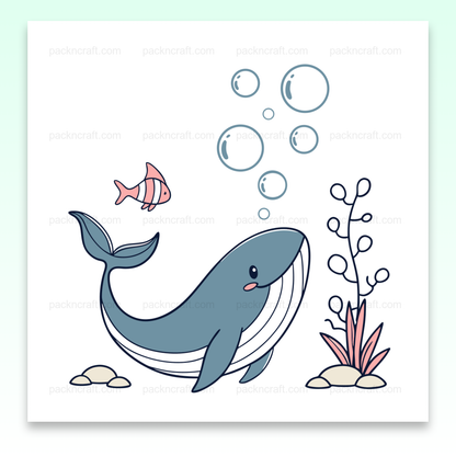 Illustration d'une baleine joyeuse sous l'océan, parfaite pour la déco et le DIY.