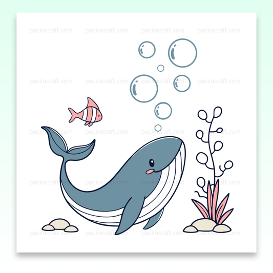 Illustration d'une baleine joyeuse sous l'océan, parfaite pour la déco et le DIY.