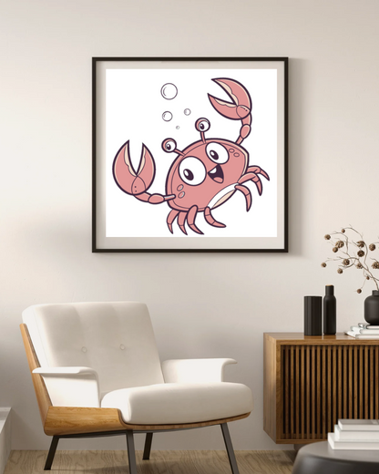 Cadre avec crabe joyeux aux couleurs vives, parfait pour créer une ambiance ludique