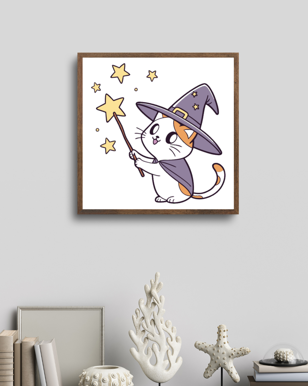 Cadre à thème Halloween avec chat sorcier kawaii învoquant la magie