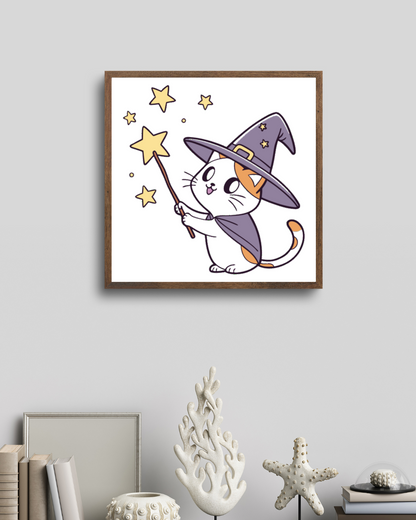 Cadre à thème Halloween avec chat sorcier kawaii învoquant la magie
