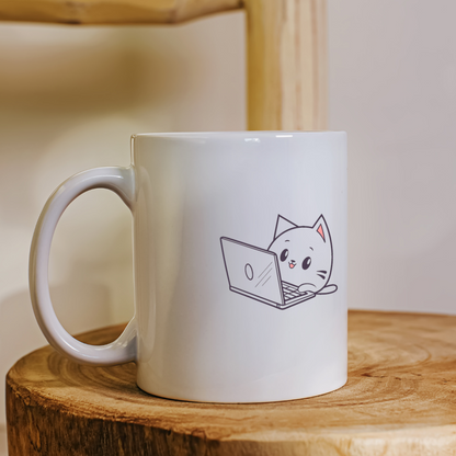 Un mug avec chat mignon style vectoriel fun sur fond technologique pour le bureau