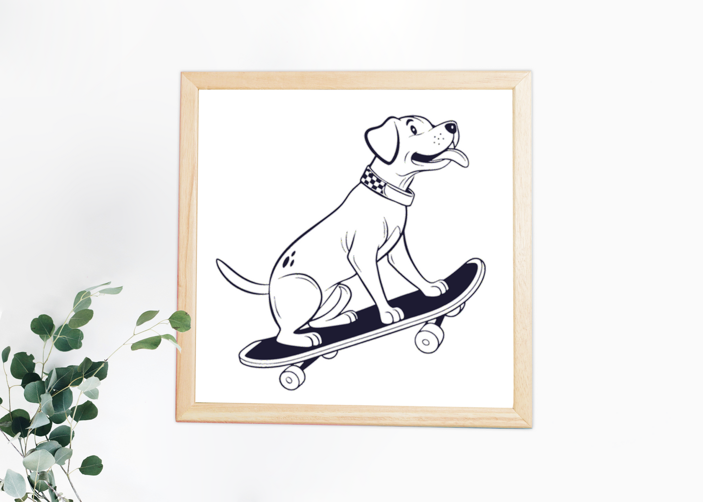 Cadre avec un chien doodle sur skateboard urbain pour une touche moderne et amusante
