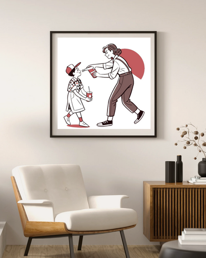 Illustration encadrée de l'époque soda, idéal pour décoration murale.