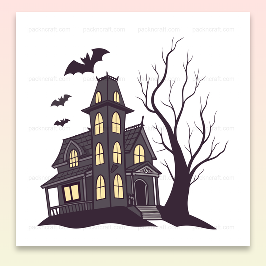 Illustration d'une maison hantée entourée de chauve-souris, parfaite pour Halloween